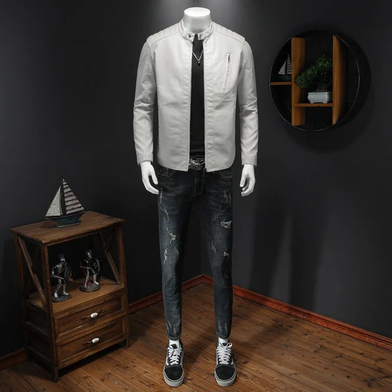 Fall plus size PU leather jacket with stand collar for men, available in black or white, featuring zipper pockets