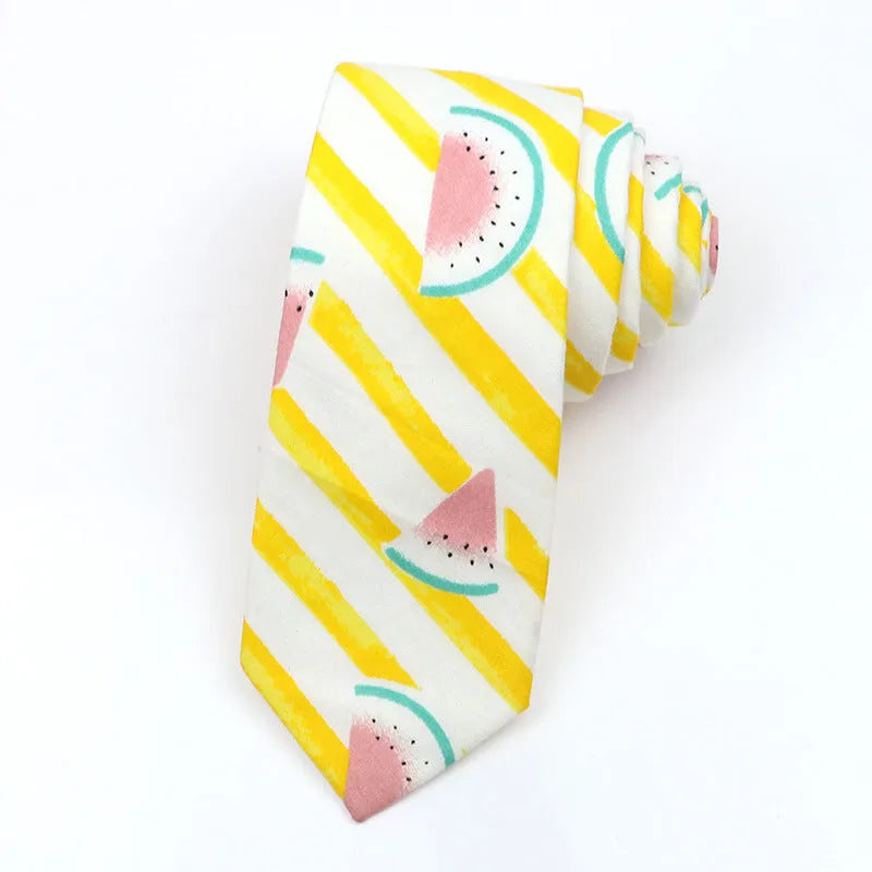 Narrow cotton bow tie with a printed cartoon pattern in a selection of colours.