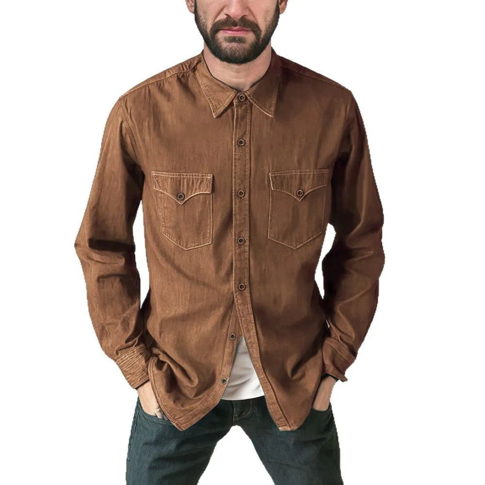 Men's regular fit cotton denim cardigan coat in khaki, shown open as a layering piece.