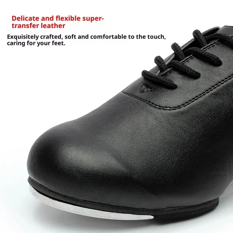 Adult tap dance shoes with leather upper in black, men's style, on a clean background
