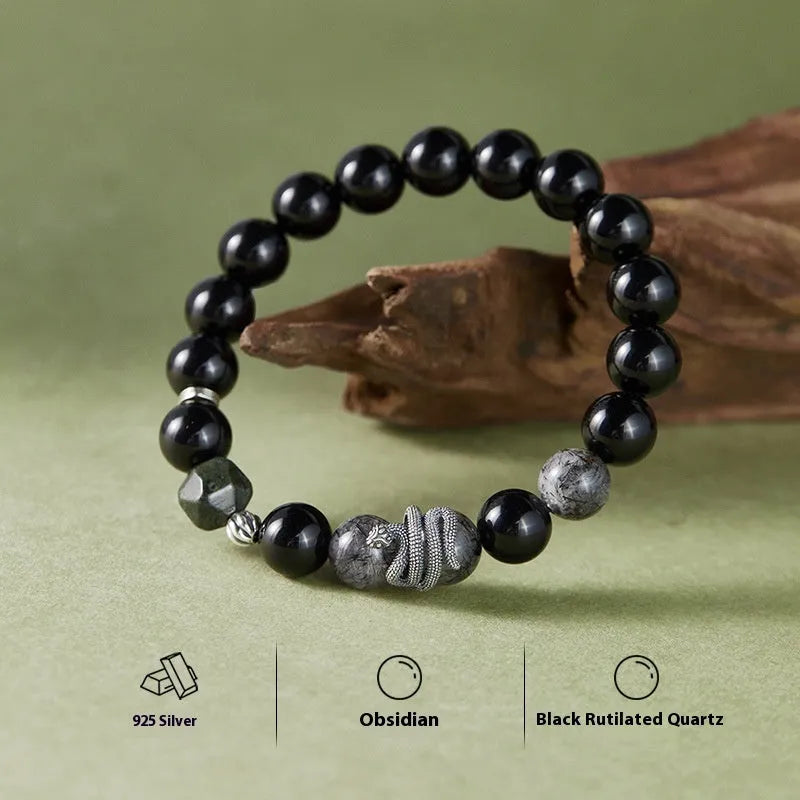 Men's S925 sterling silver bracelet with obsidian black crystal beads and snake zodiac modelling