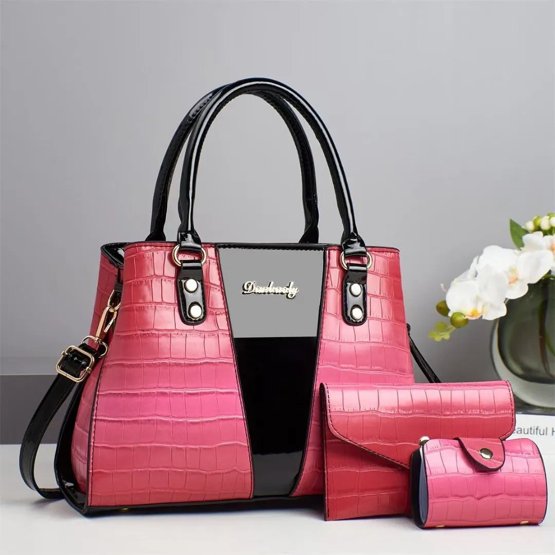 Women's crocodile stitch texture three-piece shoulder bag set in six colour options showing main bag and two smaller organisers