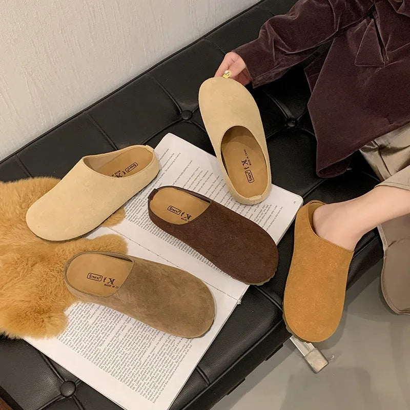 Korean style square toe slippers in apricot, khaki, camel, and brown colours on a soft microfibre upper with PU sole.