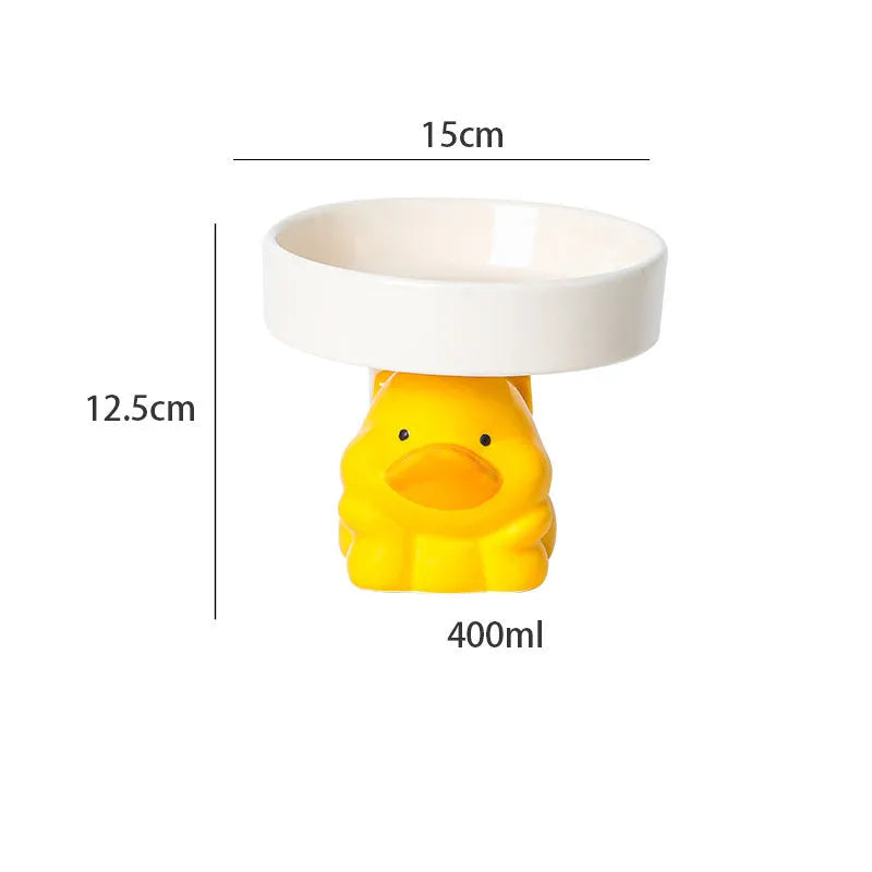 Raised ceramic cat bowl in animal design, showing elevated feeder stand and wide food bowl opening.