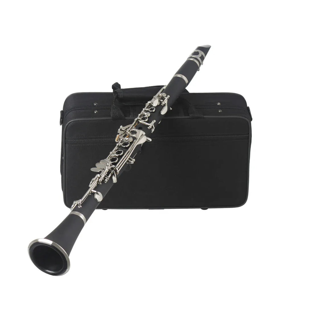 Black Bakelite beginner clarinet with 17 nickel-plated keys and a carrying bag.