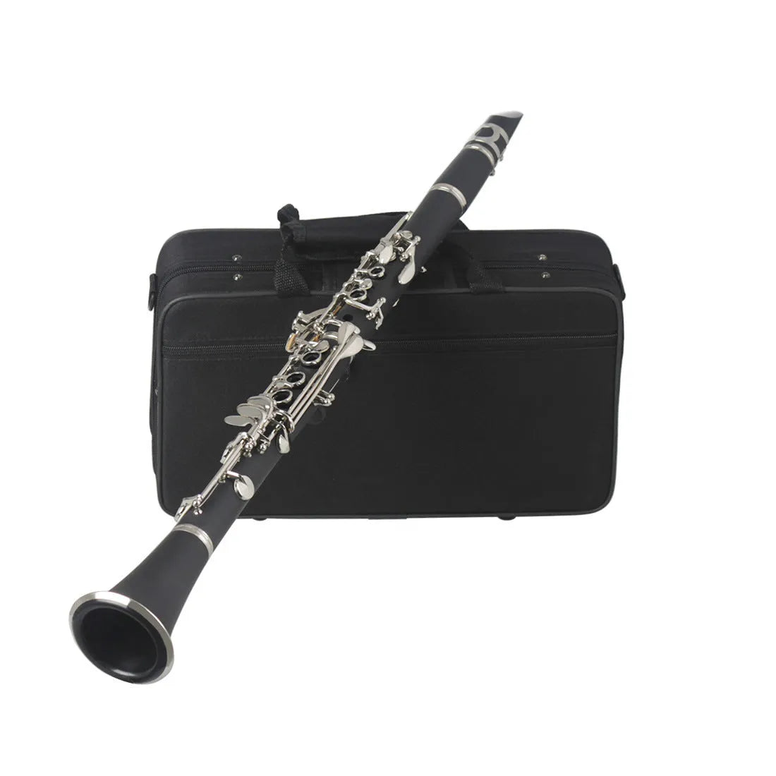 Black Bakelite beginner clarinet with 17 nickel-plated keys and a carrying bag.