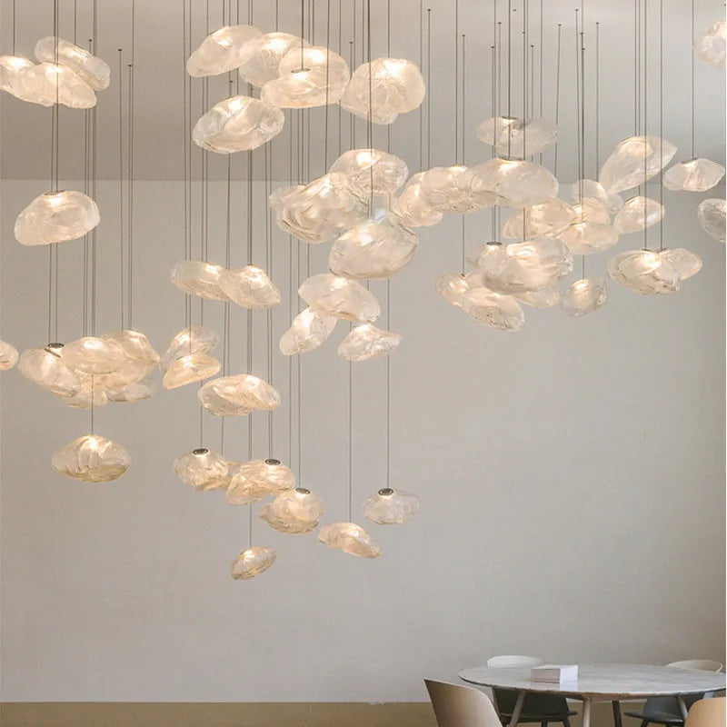 Modern glass decorative chandelier with LED lighting in amber, clear or smoke grey colours