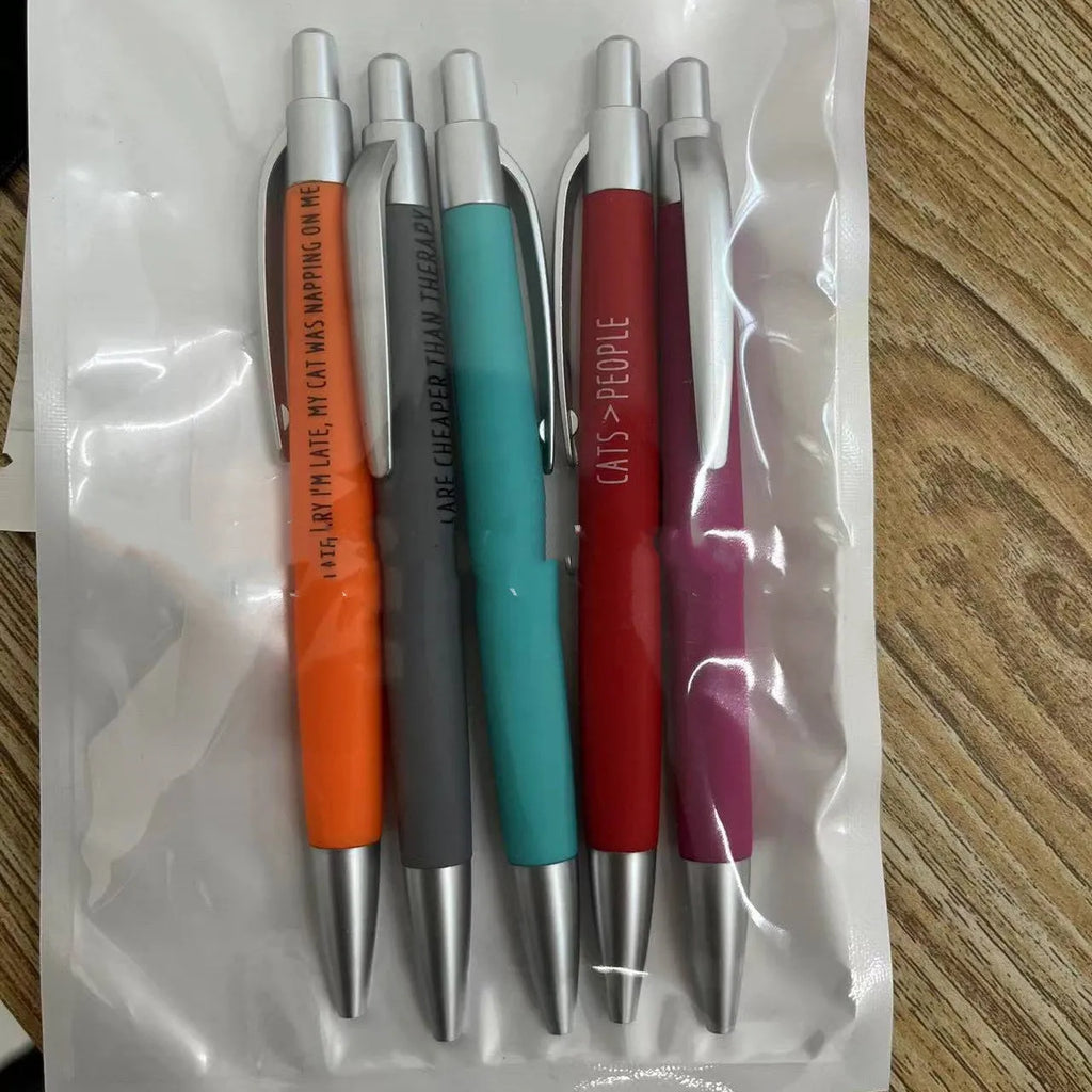 Set of five automatic push-button pens with a beaded fabric storage bag