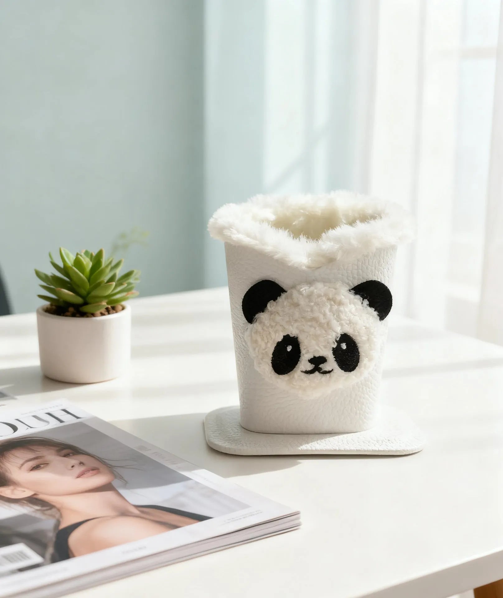Nordic style fluffy cartoon desktop glasses storage bucket in leather with animal design, 11.6x8.1x12cm