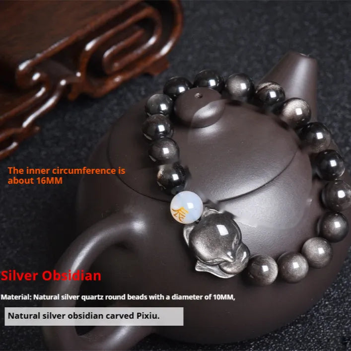 Natural obsidian zodiac bracelet in 10mm beads with national style design.