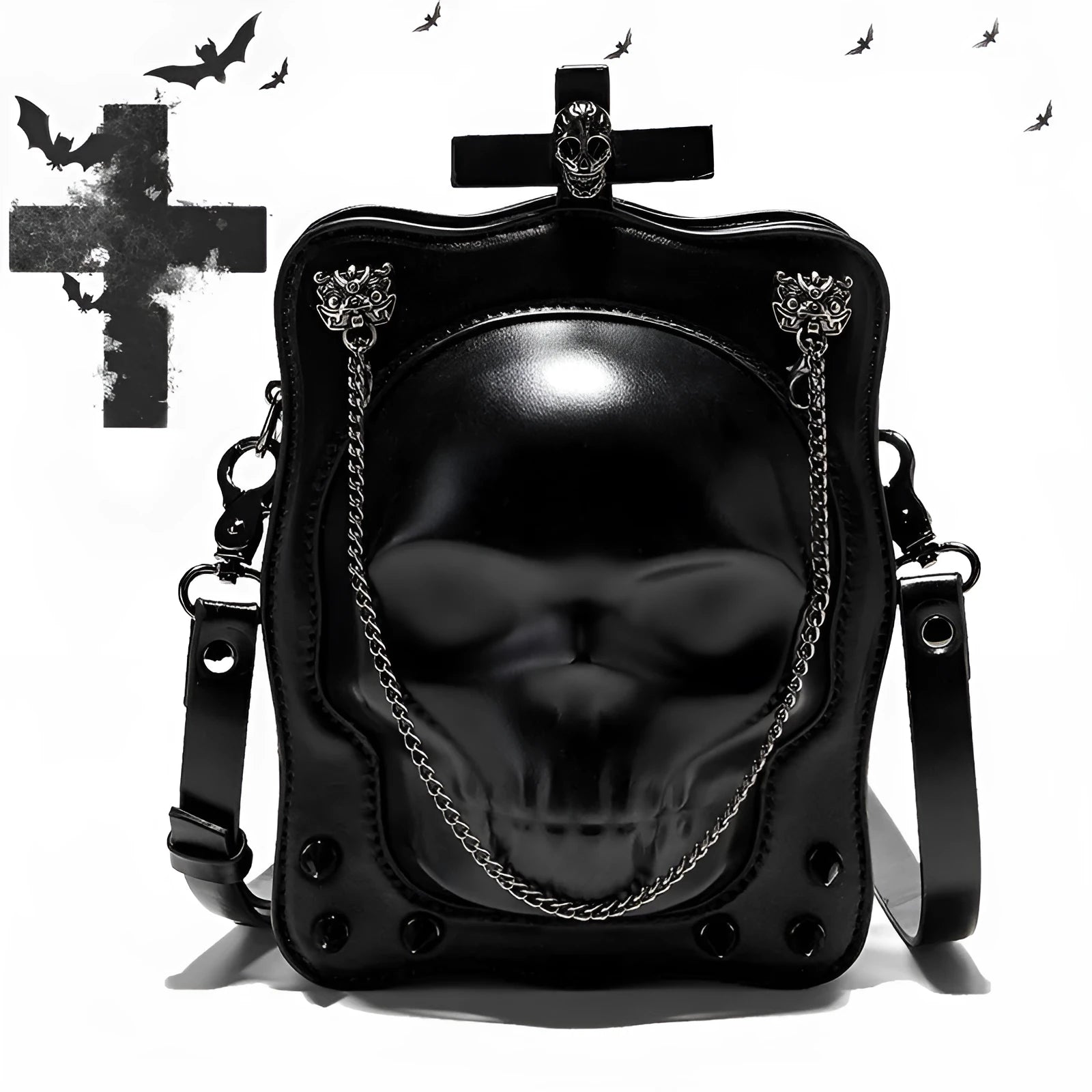 Black mini square crossbody bag with skull embroidery, decorative stitching, and metal chain details