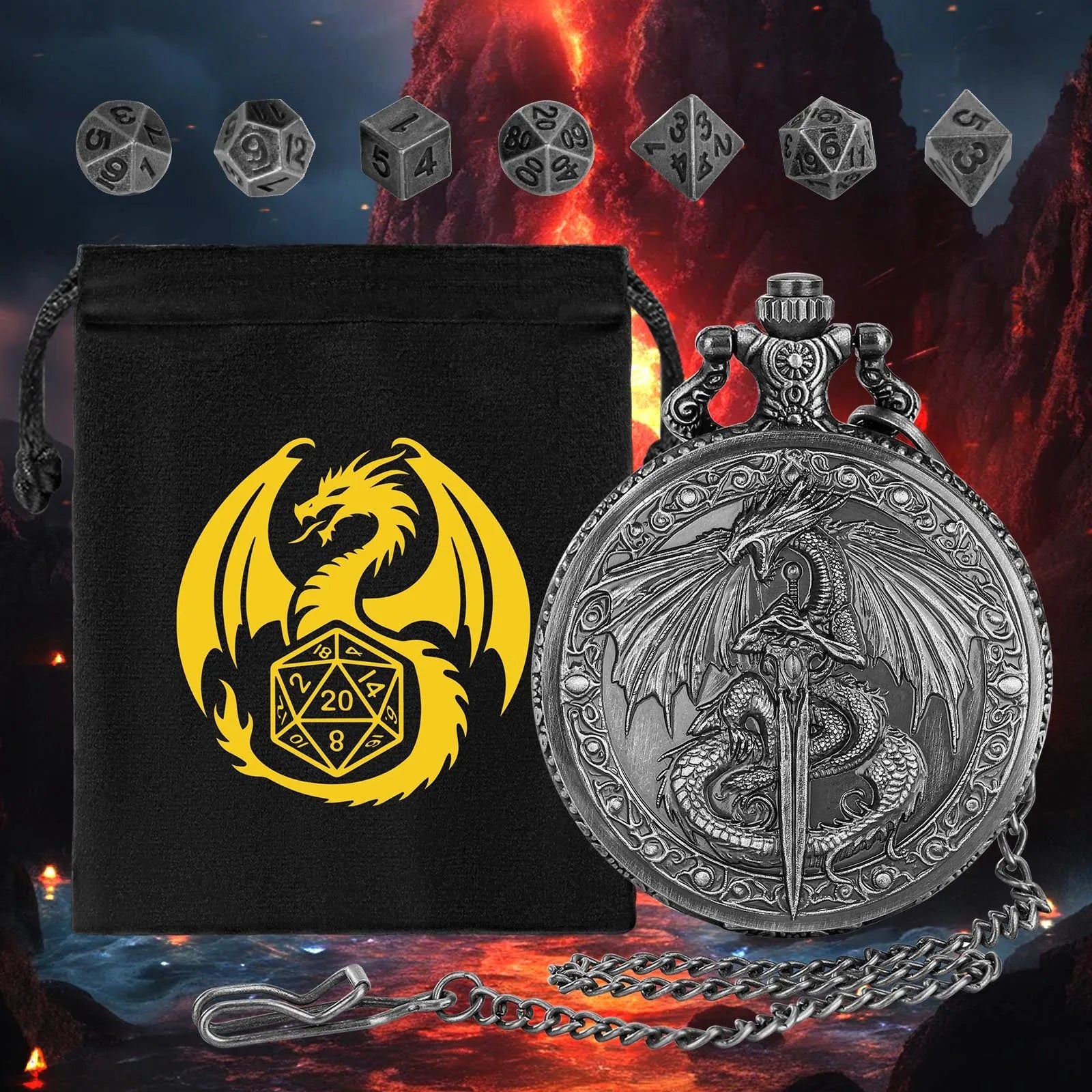 Zinc alloy DND dice storage case with winged beast and sword relief in bronze finish