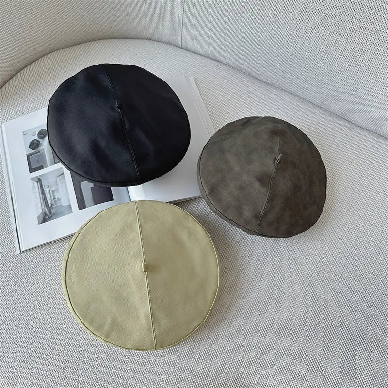 PU beret women's flat top leather hat in army green with satin lining and M size 56-58cm