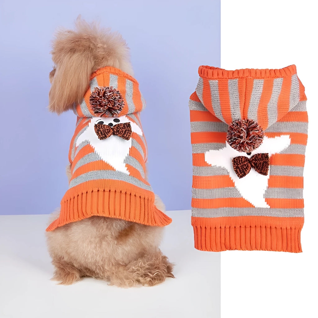 Orange striped knitted Halloween pet sweater with a hood and fur ball decoration for cats or small dogs.