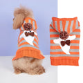 Orange striped knitted Halloween pet sweater with a hood and fur ball decoration for cats or small dogs.
