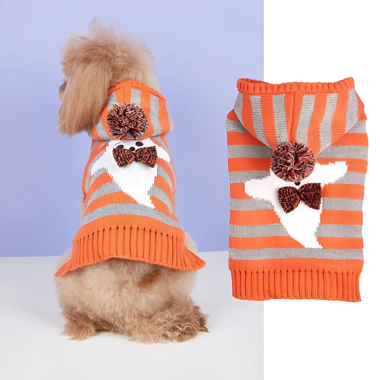 Orange striped knitted Halloween pet sweater with a hood and fur ball decoration for cats or small dogs.