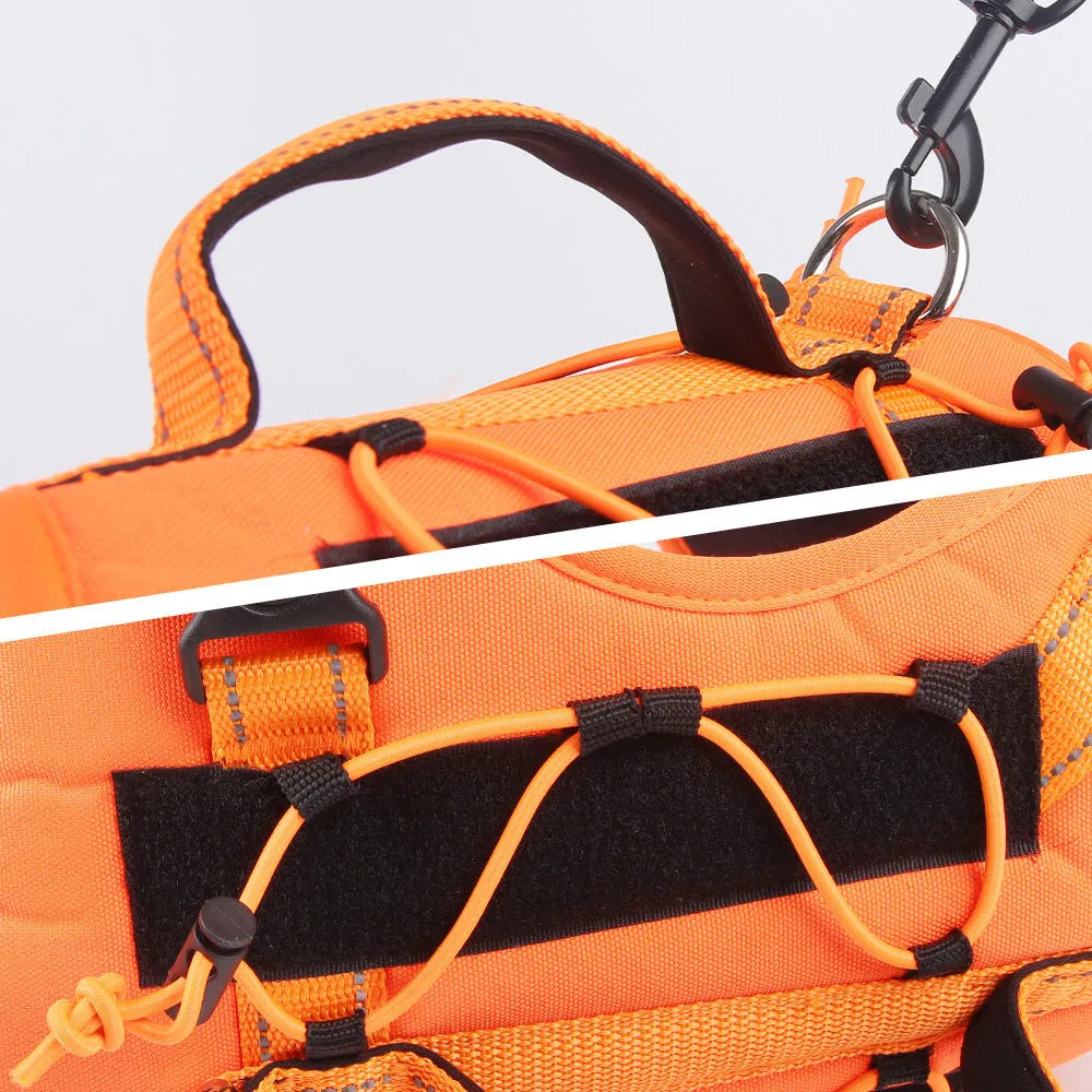 Reflective orange dog harness with black explosion-proof breast strap and full-hand grip rope