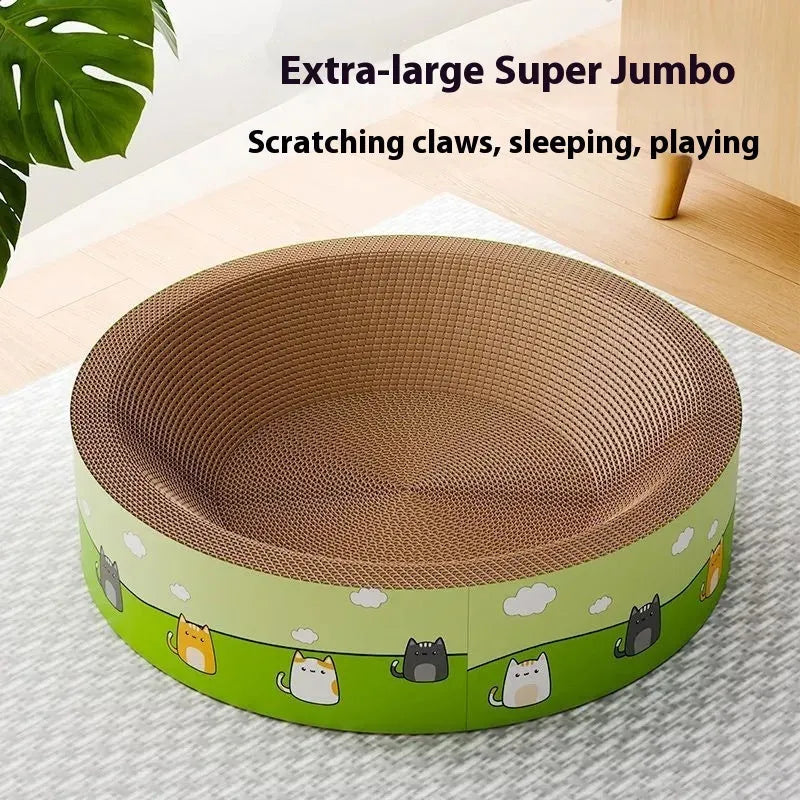 A large round corrugated paper cat scratcher board with deep pits next to an oval-shaped version.