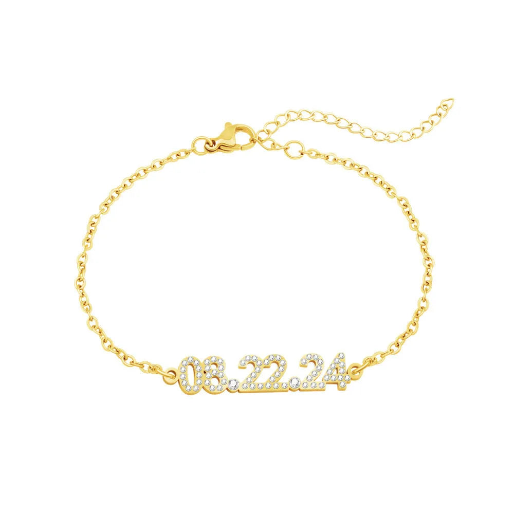 Stainless steel digital bracelet necklace with diamond studded numbers in gold, rose gold, or steel