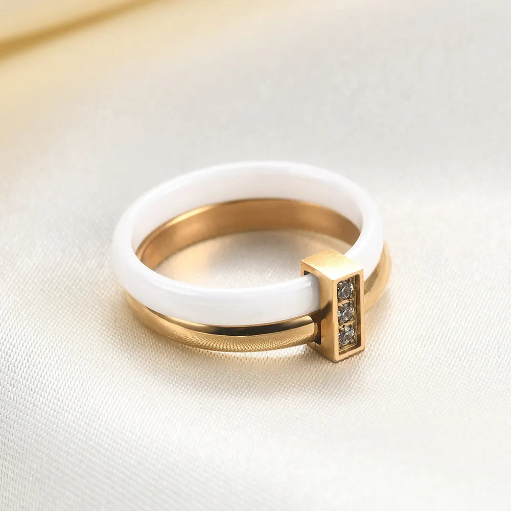 Women's ceramic ring with glossy stitching detail in steel black colour on size 8 finger