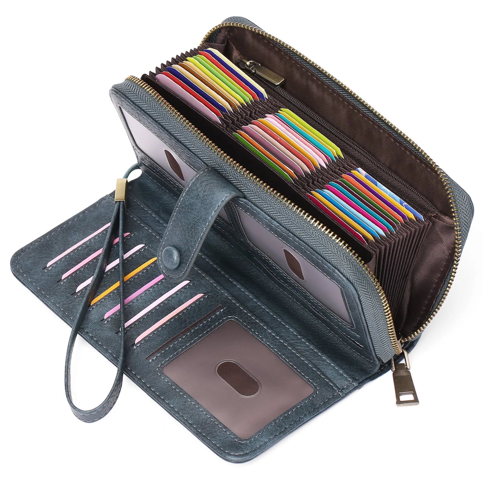 Expanding card holder women's long wallet passport bag in PU synthetic leather with anti-theft swiping