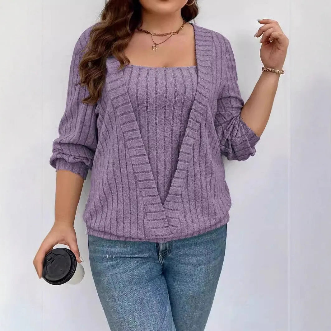 Women's solid colour ribbed false two-piece suit with V-neck and long sleeves