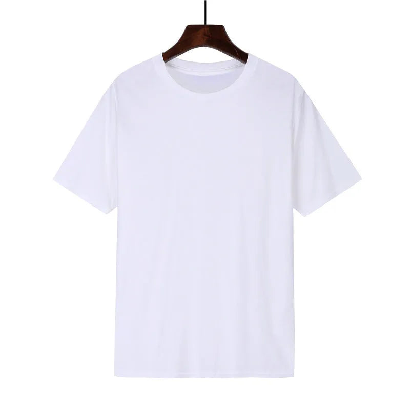 A man's loose-fitting black cotton t-shirt with short sleeves laid flat.