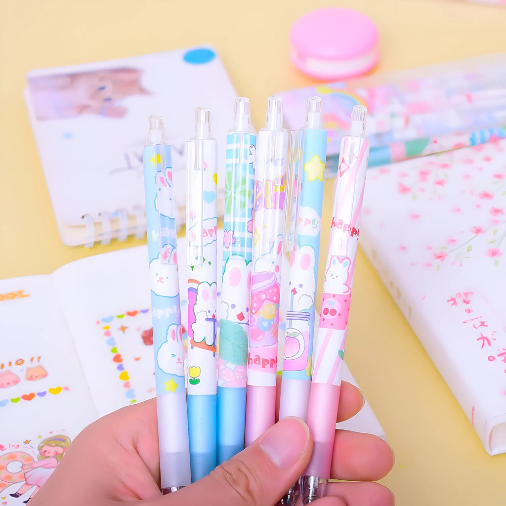 Six black gel pens with cartoon bunny designs, showing 0.5mm tips, arranged in a set.
