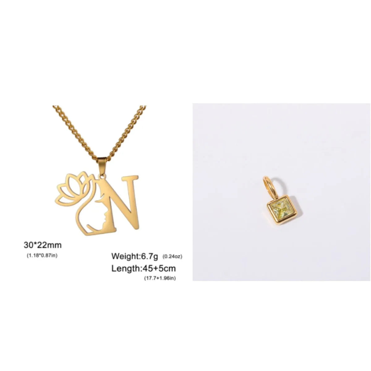Stainless steel necklace with letter pendant on cross chain in gold or silver electroplated finish
