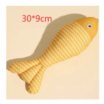 Plush fish cat toy filled with catnip, shown in blue, red, and yellow colours, with large and medium size examples