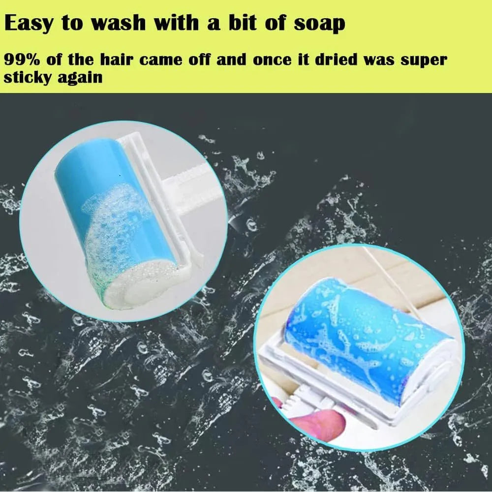 Washable reusable lint roller for pet hair removal in blue, green, pink and yellow colours with protective cover