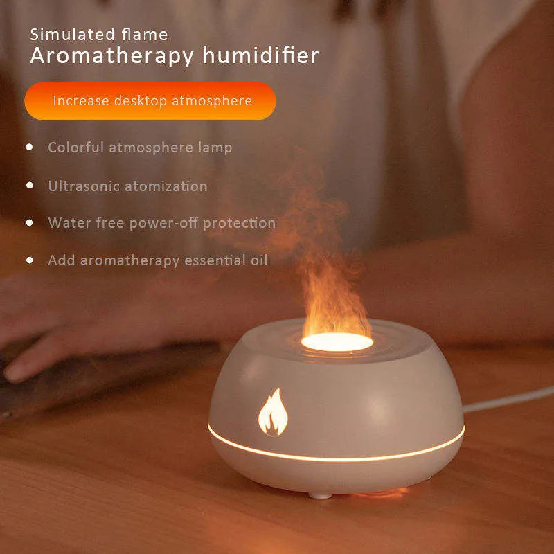 Flame humidifier aromatherapy diffuser with 7 colours light and 130ml USB tank in black