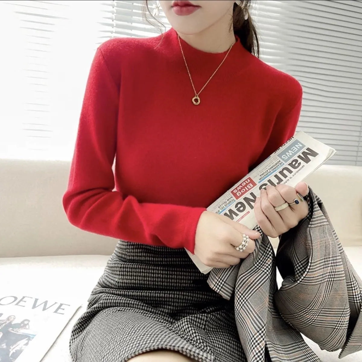 Viscose pullover top slim fit long sleeve in apricot colour showing front view