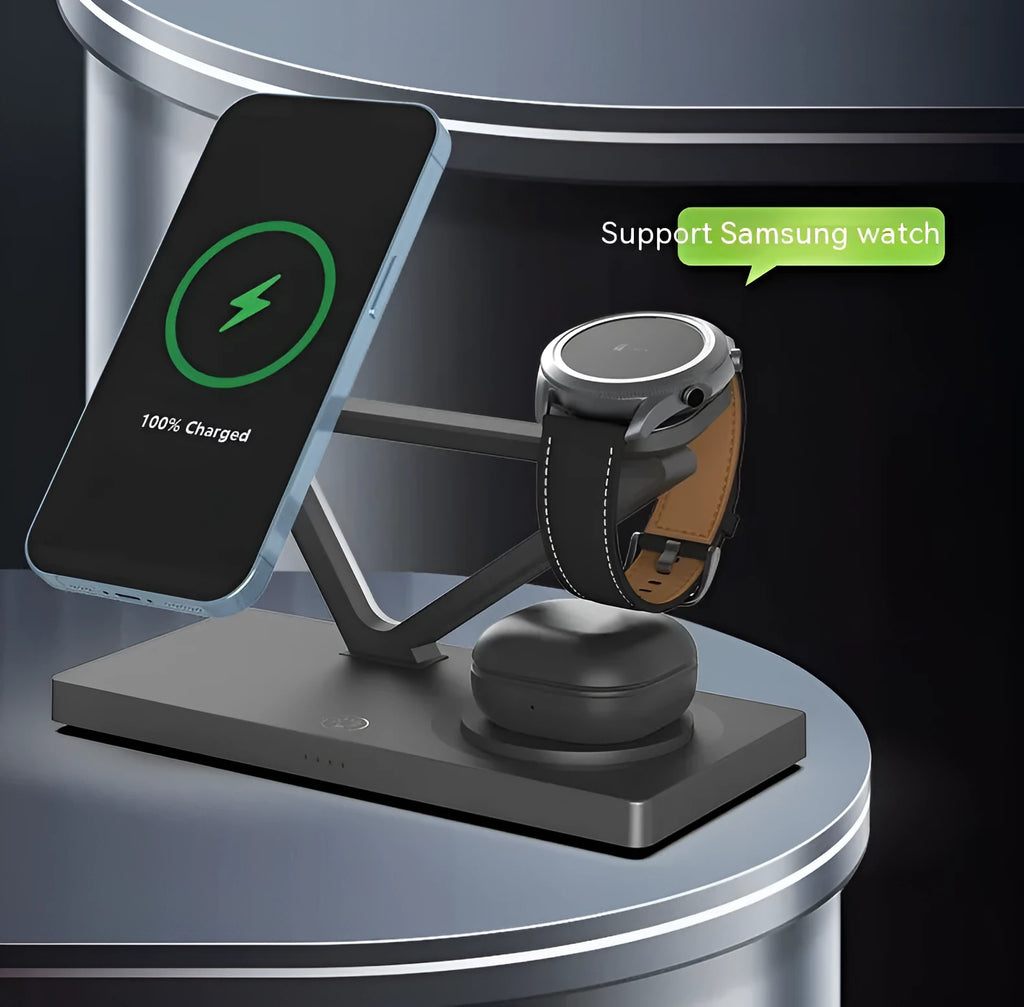 White five-in-one wireless charging station with night lamp, magnetic phone bracket, circular base, and watch charger.