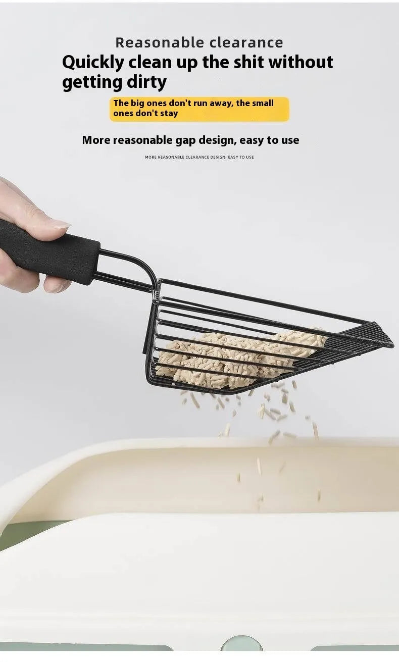 Black alloy metal cat litter scoop with narrow tines and a long handle.