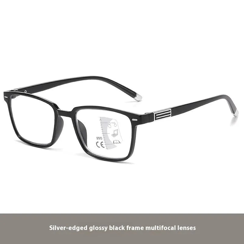 Multifocal reading glasses with anti-blue-light and colour-changing lenses in a black and silver frame.