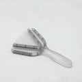 Red adjustable telescopic can opener and bottle opener made of ABS plastic on a plain background.