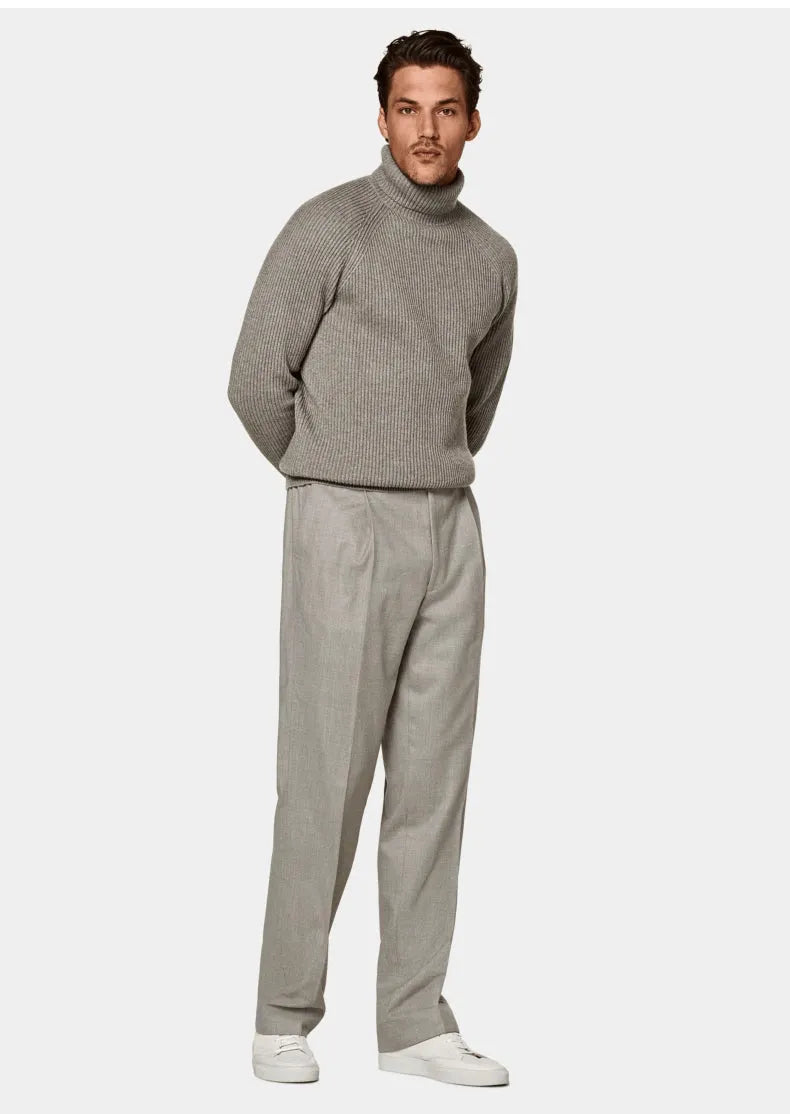 Men's 100% cashmere high-neck knitted sweater in oatmeal colour, long sleeves, front view