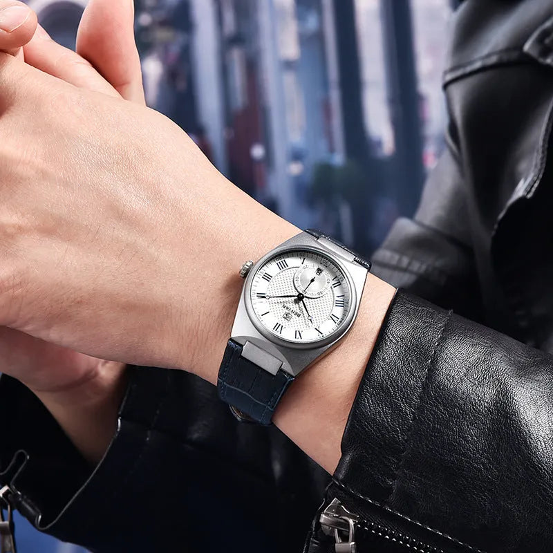 Men's quartz watch with calendar, waterproof, 12mm thickness, black shell black surface on wrist