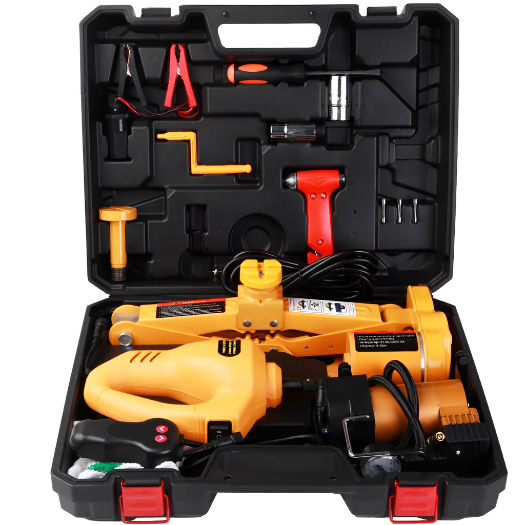 Yellow 12V electric car jack set with electric wrench for vehicle tyre changes