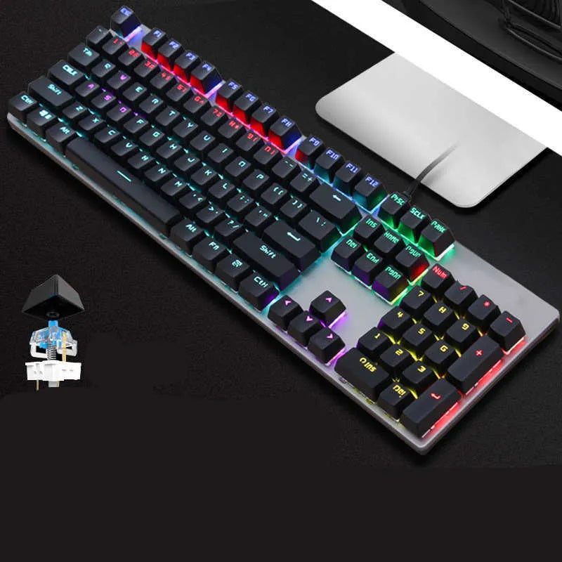 AOC GK410 wired mechanical keyboard with backlit keys on a desktop, showing full 104-key layout.