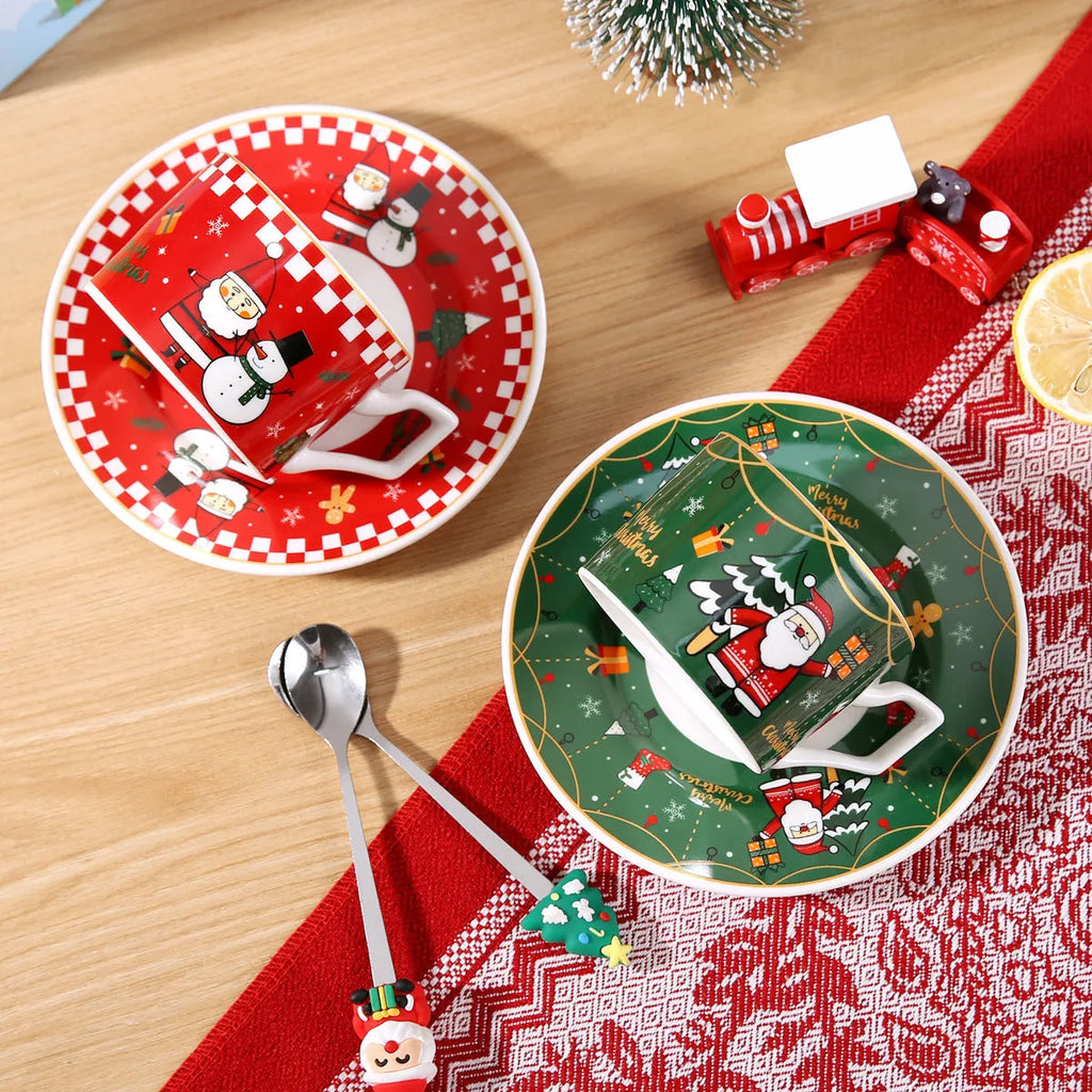 Nordic Santa Claus ceramic coffee mug set with cartoon pattern, 200ml capacity, and matching stainless steel spoon