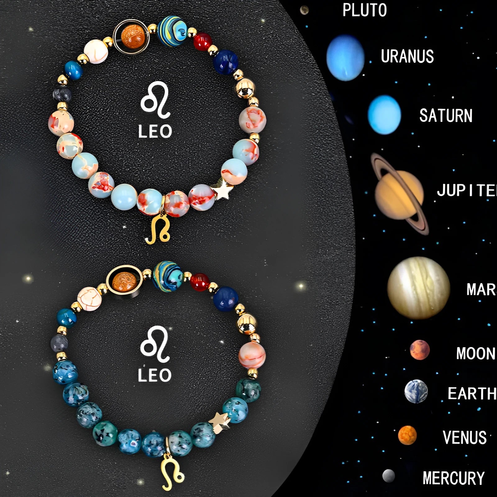 Two natural stone beaded bracelets on a table representing zodiac sign jewellery.