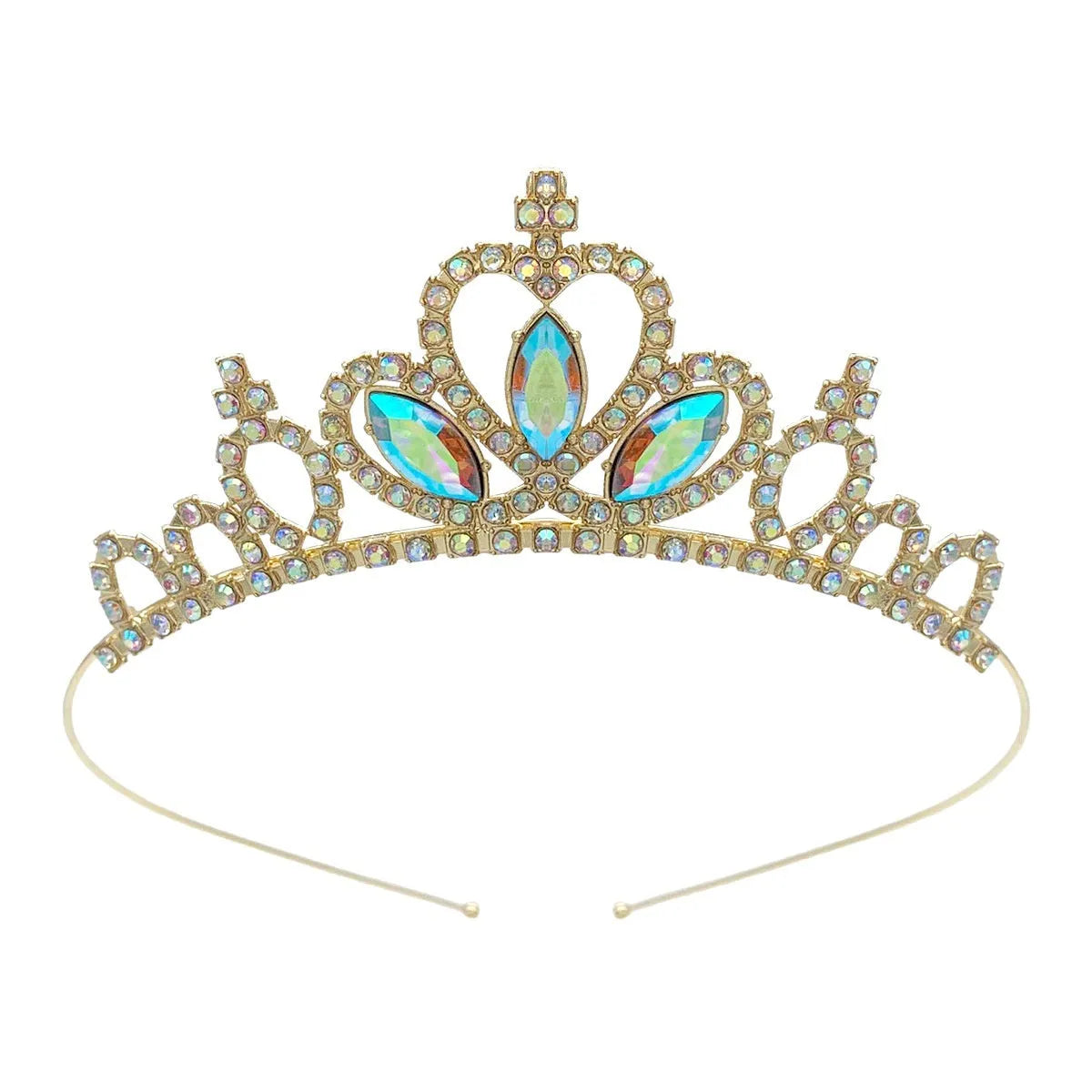 Gold and silver electroplated alloy princess crown headdress for girls with coloured diamond embellishments.