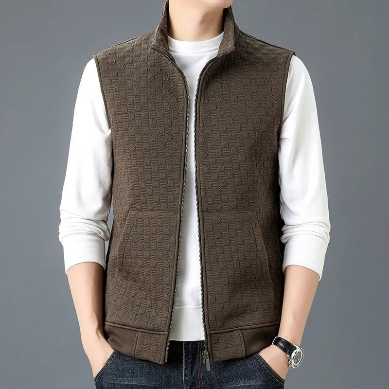 Men's sleeveless cardigan-style vest in a chemical fibre blend, shown in black, brown, khaki, and grey colour options.