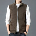 Men's sleeveless cardigan-style vest in a chemical fibre blend, shown in black, brown, khaki, and grey colour options.