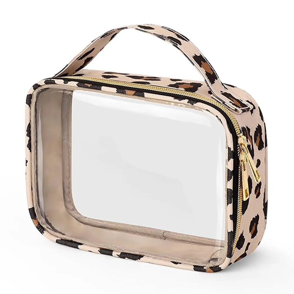 Clear PVC wash bag with chain handle for lipstick storage, shown in leopard print colour.