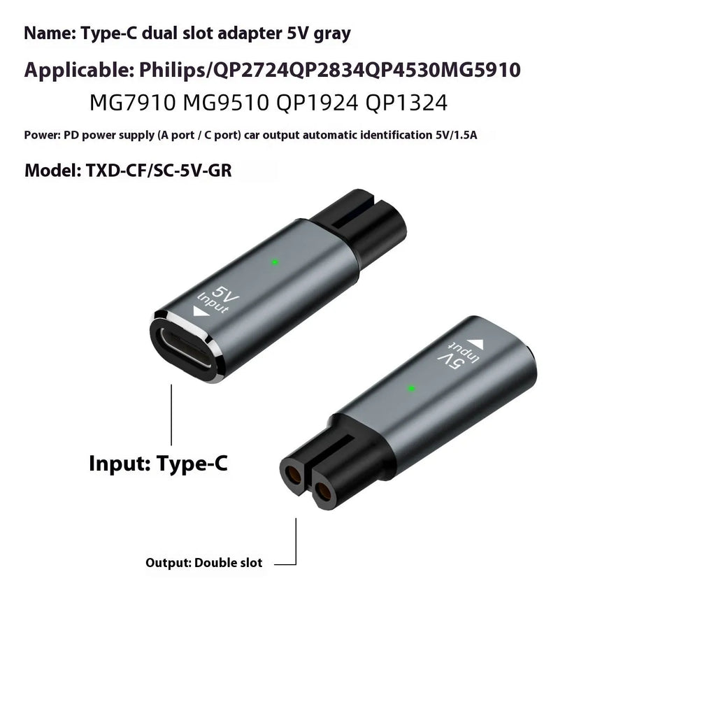 USB-C to 4.3V charging adapter for electric shavers in black aluminium alloy casing