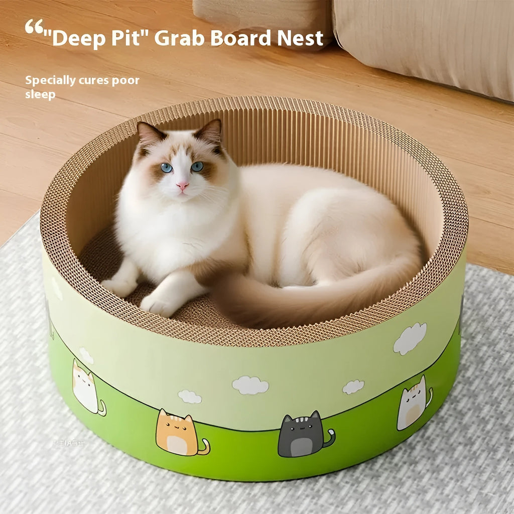 A large round corrugated paper cat scratcher board with deep pits next to an oval-shaped version.