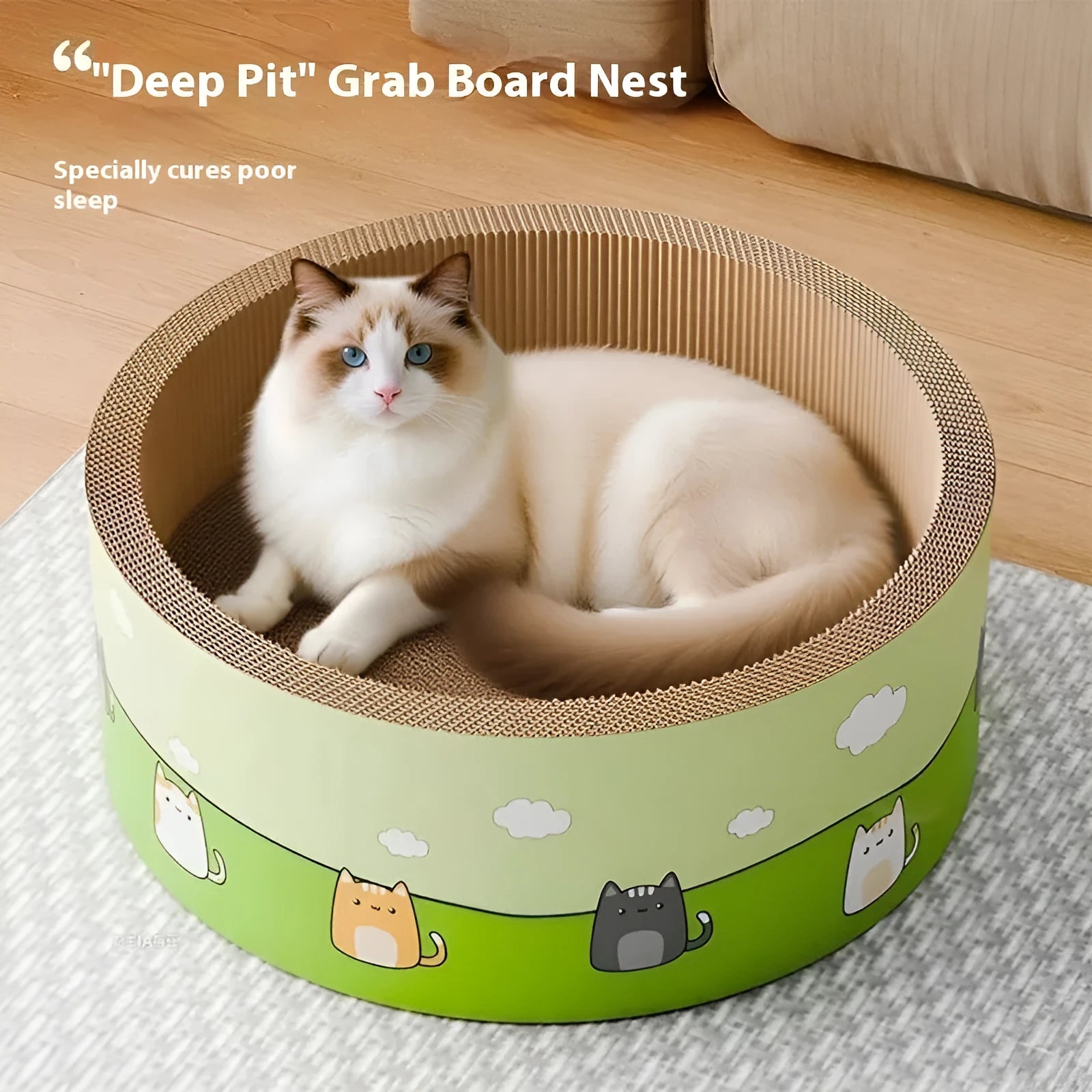 A large round corrugated paper cat scratcher board with deep pits next to an oval-shaped version.